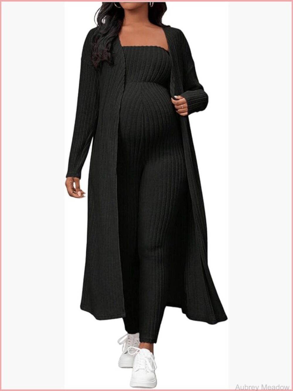 Maternity Ribbed 2 Piece Jumpsuit Cardigan Set Strapless Skinny Leg